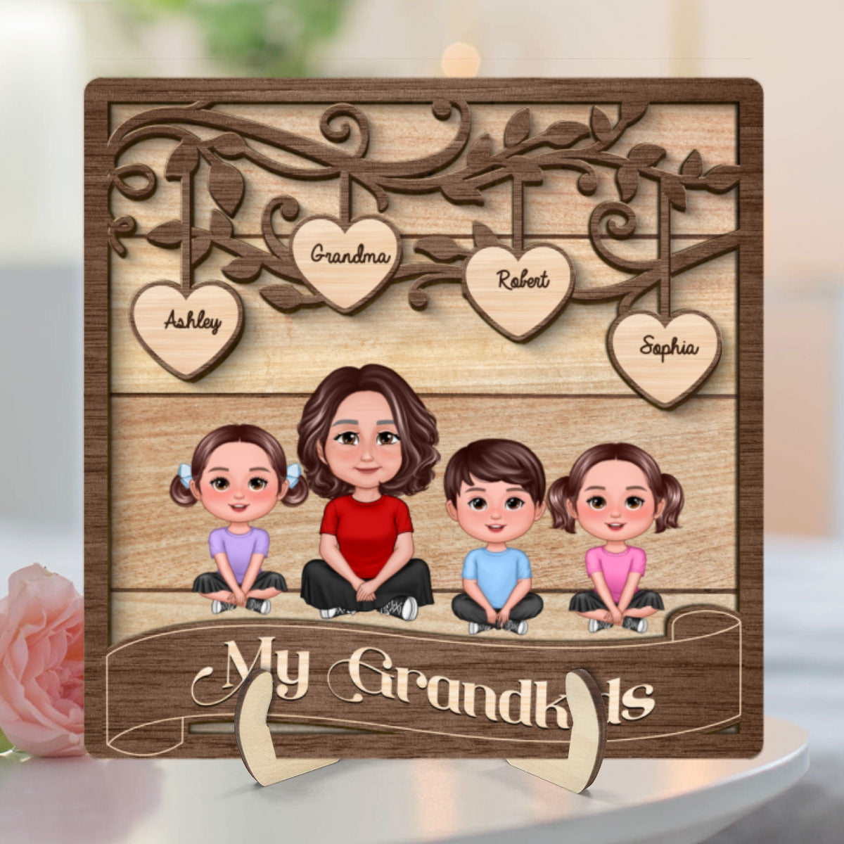 Grandma Grandkids Swirl Tree Hearts Personalized 2-layer Wooden Plaque