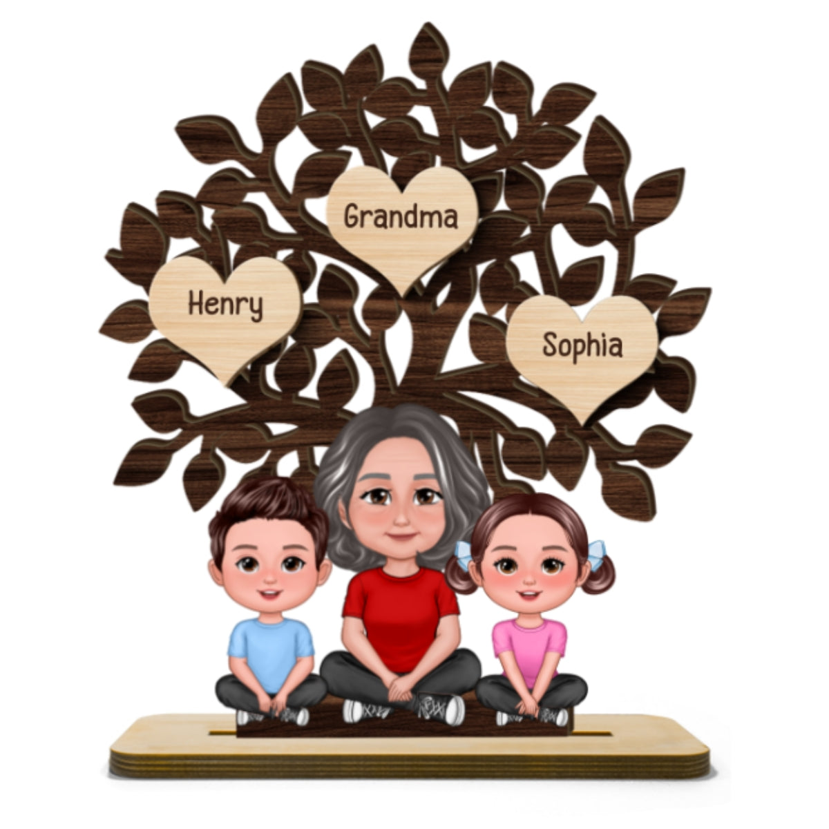 Grandma & Grandkids Sitting Under Family Tree Love Personalized 2-Layer Standing Wooden Plaque